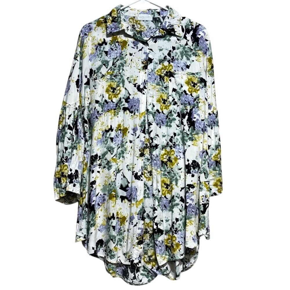 Zoye Chen White Shirt Dress Abstract Button Floral Feminine Romantic Chic Size L